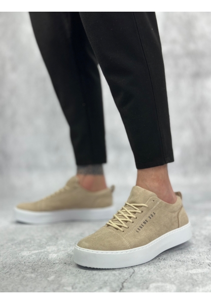 BA0104 Bağcıklı Krem Süet Beyaz Taban Spor Klasik Erkek Ayakkabı