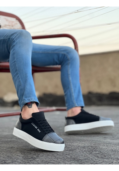 BA0104 Bağcıklı Siyah Ekose Süet Beyaz Taban Spor Klasik Erkek Ayakkabı