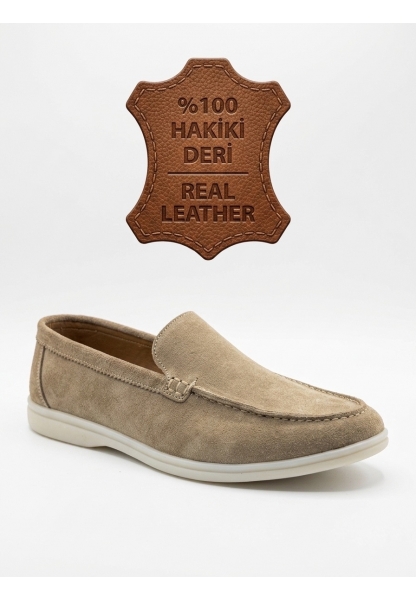 BA0252 %100 İçi Dışı Hakiki Deri Erkek Krem Süet Casual Loafer Termo Taban Ayakkabı