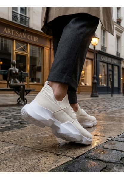 403 Yumuşak Triko Dokulu Yüksek Taban Beyaz Spor Ayakkabı 