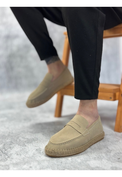 BA0359 BOA Doğal Deri Tozu Bağcıksız Kauçuk El Yapımı Espadril Taban Krem Renk Erkek Ayakkabı