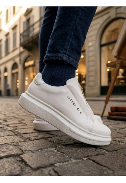 BA0310 BOA Kalın Yüksek Taban Fermuarlı Beyaz Erkek Ayakkabı