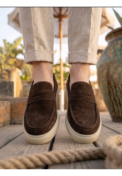 BA0251 %100 İçi Dışı Hakiki Deri Erkek Kahverengi Süet Casual Loafer Kauçuk Rahat Taban Dikişli Ayakkabı