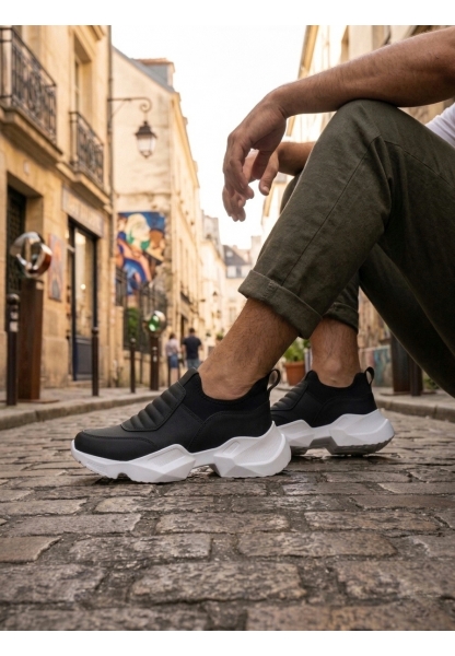 BA0402 Bağcıksız Rahat Yüksek Taban Siyah Erkek Spor Yarım Bilek Bot