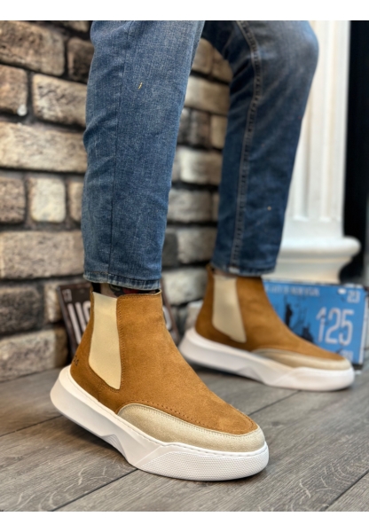 BA0150 Bağcıksız Erkek Taba Krem Süet Yüksek Taban Spor Bot