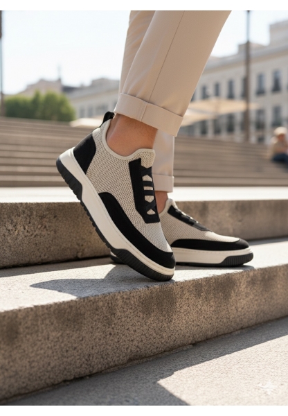 BA0911 Özel Örme Triko Deri Tozu Detaylı Bej Siyah Günlük Spor Ayakkabı 