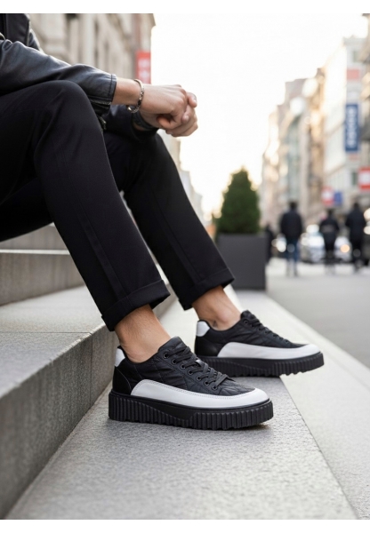 BA0801 BOA Yüksek Taban Siyah Paraşüt Kumaş Beyaz Cilt Detaylı Erkek Ayakkabı