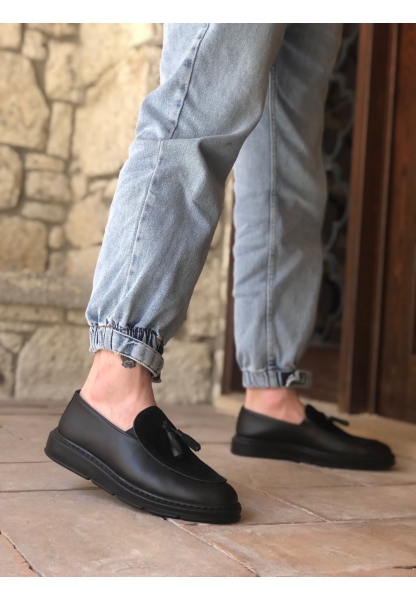 BA0005 Bağcıksız Yüksek Taban Siyah Taban Klasik Aynalı Süet Detaylı Püsküllü Corcik Erkek Ayakkabı