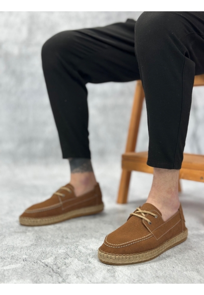 BA0358 BOA Doğal Deri Tozu Bağcıklı Kauçuk El Yapımı Espadril Taban Taba Renk Erkek Ayakkabı