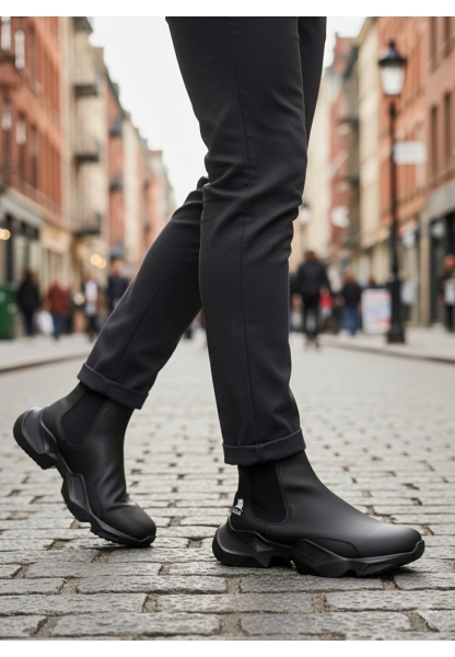 BA0444 Bağcıksız Rahat Yüksek Taban Siyah Erkek Spor Yarım Bilek Bot