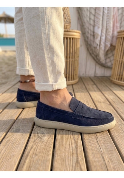 BA0251 %100 İçi Dışı Hakiki Deri Erkek Lacivert Süet Casual Loafer Kauçuk Rahat Taban Dikişli Ayakkabı