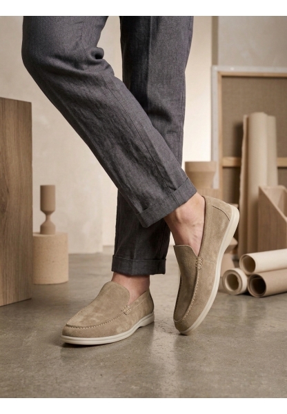 BA0252 %100 İçi Dışı Hakiki Deri Erkek Krem Süet Casual Loafer Termo Taban Ayakkabı