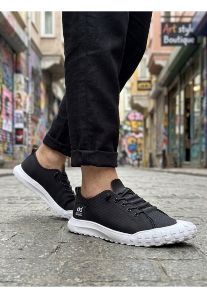 BA0248 BOA Siyah Beyaz Taban Esnek Bağcıklı Ultra Hafif Nefes Alan Sneaker Ayakkabı
