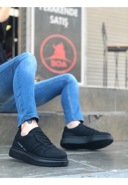 BA0548 BOA Kalın Yan Desenli Yüksek Siyah Taban Siyah Bağcıklı Spor Erkek Ayakkabı
