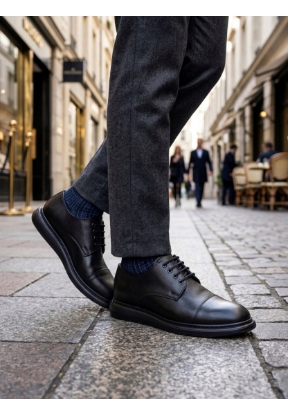 BA0003 Siyah Kapaklı Burun Bağcıklı Erkek Oxford Ayakkabı