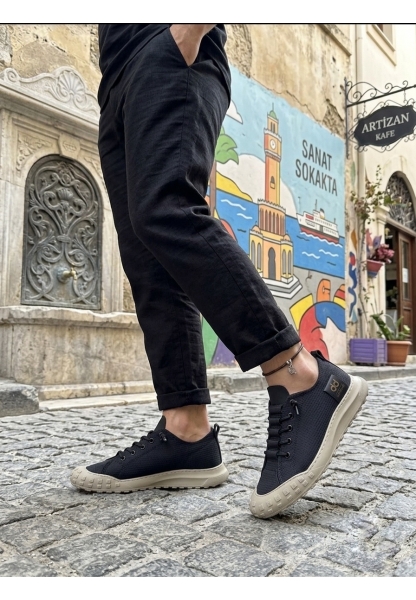 BA0248 BOA Siyah Bej Taban Esnek Bağcıklı Ultra Hafif Nefes Alan Sneaker Ayakkabı