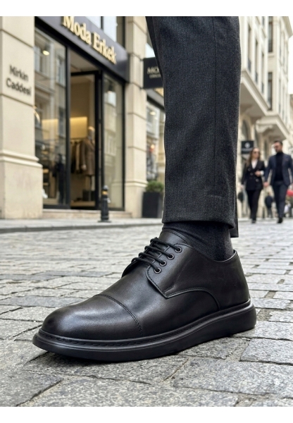 BA0003 Siyah Kapaklı Burun Bağcıklı Erkek Oxford Ayakkabı