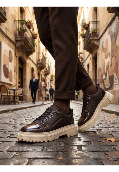 BA0245 Kahverengi Rugan Paraşüt Detaylı Akıllı Lastik Bağcık Yüksek Bej Taban Günlük Erkek Ayakkabı