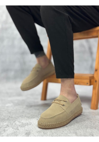 BA0358 BOA Doğal Deri Tozu Bağcıklı Kauçuk El Yapımı Espadril Taban Bej Renk Erkek Ayakkabı