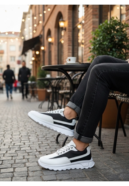 BA0246 Beyaz Siyah Parçalı Bağcıklı Yüksek Taban Günlük Erkek Ayakkabı