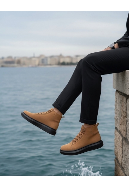 BA0713 Bağcıklı Yüksek Taba Süet Siyah Taban Erkek Tarz Spor Bot