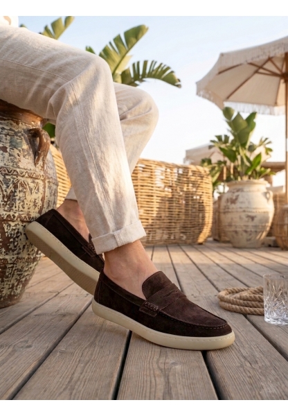 BA0251 %100 İçi Dışı Hakiki Deri Erkek Kahverengi Süet Casual Loafer Kauçuk Rahat Taban Dikişli Ayakkabı