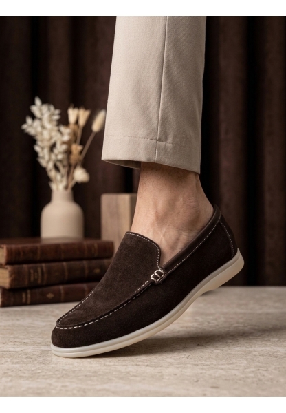 BA0252 %100 İçi Dışı Hakiki Deri Erkek Kahverengi Süet Casual Loafer Termo Taban Ayakkabı