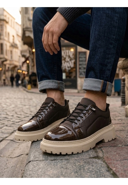 BA0245 Kahverengi Rugan Paraşüt Detaylı Akıllı Lastik Bağcık Yüksek Bej Taban Günlük Erkek Ayakkabı