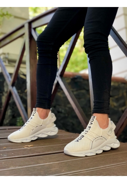 BA0350 Yüksek Taban Tarz Sneakers Cırt Detaylı Beyaz Erkek Spor Ayakkabısı