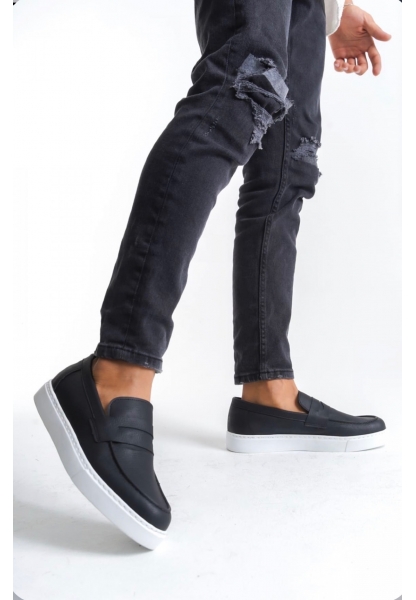 BA0580 Bağcıksız Kuşaklı Yüksek Siyah Beyaz Taban Erkek Ayakkabı