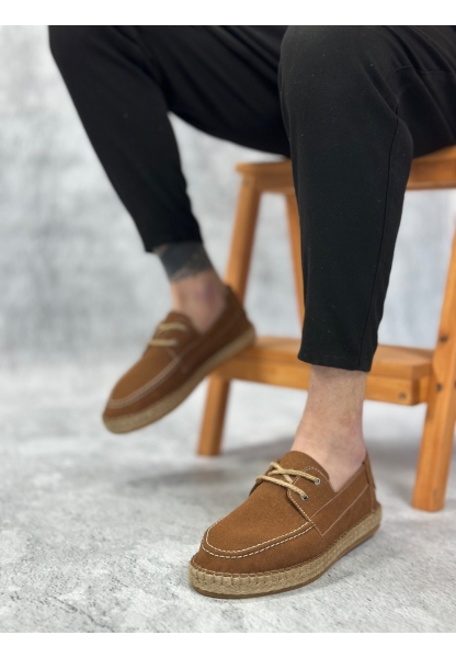 BA0358 BOA Doğal Deri Tozu Bağcıklı Kauçuk El Yapımı Espadril Taban Taba Renk Erkek Ayakkabı