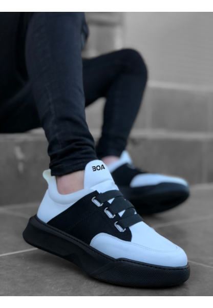 BA0160 Bantlı Erkek Yüksek Taban Beyaz Siyah Spor Ayakkabı