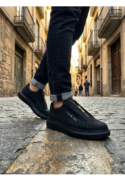 BA0310 BOA Kalın Yüksek Taban Fermuarlı Siyah Siyah Erkek Ayakkabı