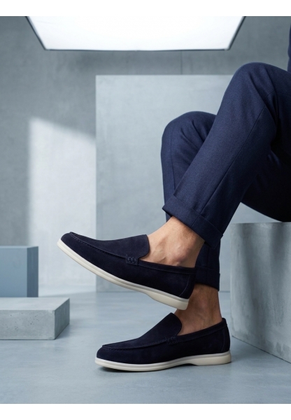 BA0252 %100 İçi Dışı Hakiki Deri Erkek Lacivert Süet Casual Loafer Termo Taban Ayakkabı