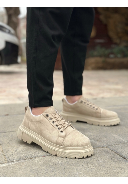 BA0245 Krem Süet Akıllı Lastik Bağcık Yüksek Taban Günlük Erkek Ayakkabı