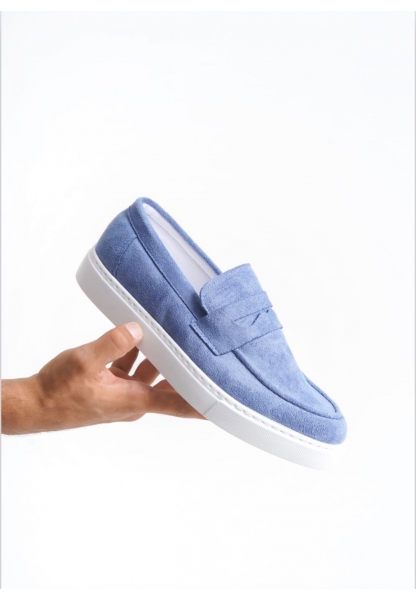 BA0580 Bağcıksız Kuşaklı Yüksek Taban Mavi Süet Erkek Ayakkabı