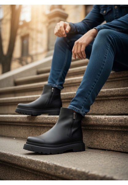 BA0777 Siyah Çift Fermuarlı Erkek Yarım Bilek Bot