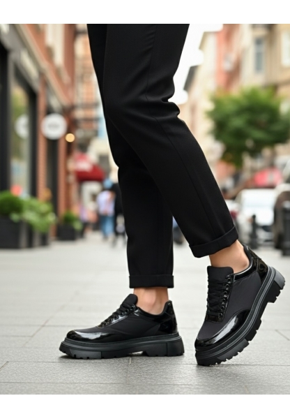 BA0243 Bağcıklı Rugan Paraşüt Detaylı Yüksek Siyah Taban Erkek Ayakkabı