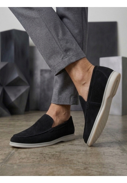 BA0252 %100 İçi Dışı Hakiki Deri Erkek Siyah Süet Casual Loafer Termo Taban Ayakkabı