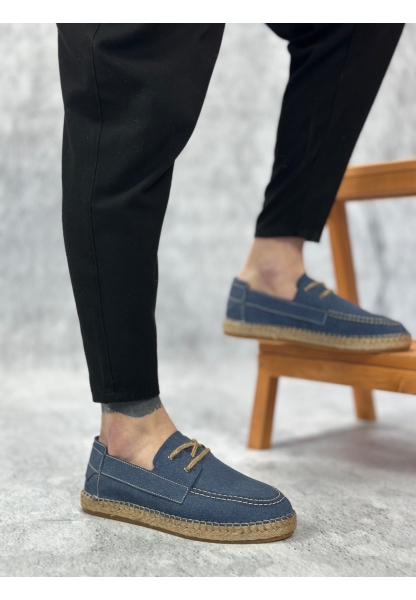 BA0358 BOA Doğal Deri Tozu Bağcıklı Kauçuk El Yapımı Espadril Taban Mavi Renk Erkek Ayakkabı