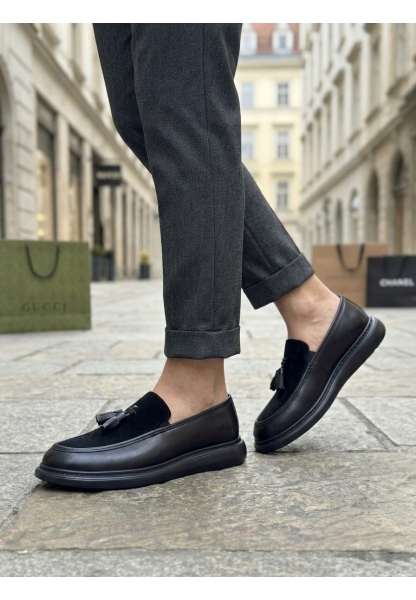 BA0005 Yeni Sezon Kalın Tabanlı Siyah Süet Makosen Ayakkabı