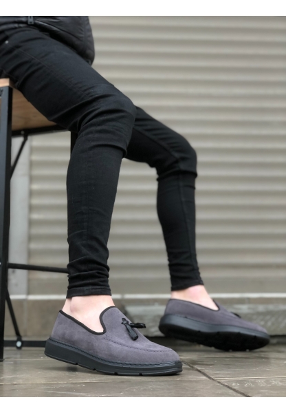 BA0005 Bağcıksız Yüksek Taban Klasik Gri Siyah Taban Püsküllü Erkek Ayakkabı