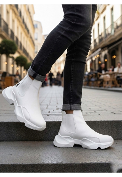 BA0444 Bağcıksız Rahat Yüksek Taban Beyaz Erkek Spor Yarım Bilek Bot