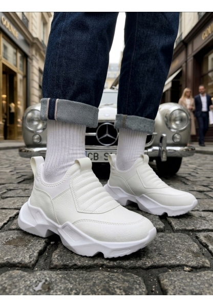 BA0402 Bağcıksız Rahat Yüksek Taban Beyaz Erkek Spor Yarım Bilek Bot