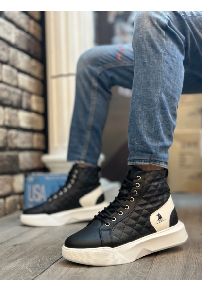 BA0159 Bağcıklı Siyah Beyaz Kapitone Erkek Yüksek Taban Spor Bot