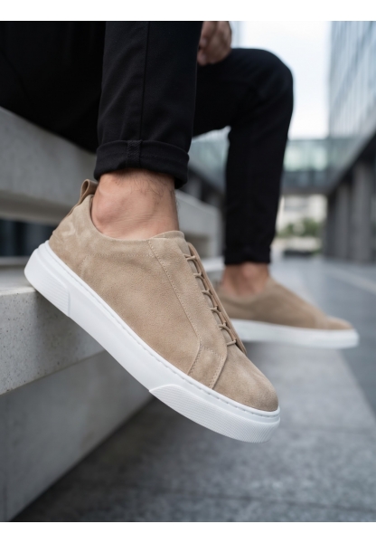 BA0581 Erkek Sneaker Günlük Casual Spor Ayakkabı Krem Süet Beyaz Taban 