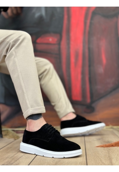 BA0003 Bağcıklı Klasik Spor Süet Siyah Beyaz Yüksek Taban Casual Erkek Ayakkabı