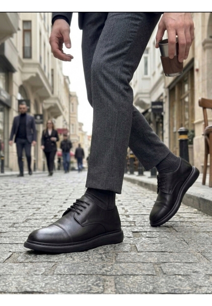 BA0003 Siyah Kapaklı Burun Bağcıklı Erkek Oxford Ayakkabı