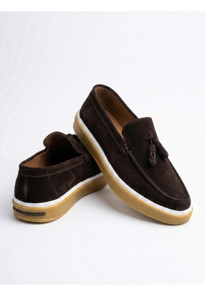 BA0250 %100 İçi Dışı Hakiki Deri Erkek Kahverengi Süet Casual Loafer Püskül Detaylı Kauçuk Rahat Taban Dikişli Ayakkabı