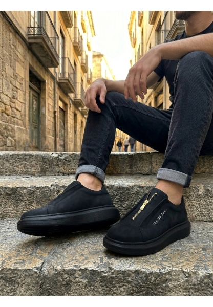 BA0310 BOA Kalın Yüksek Taban Fermuarlı Siyah Siyah Erkek Ayakkabı